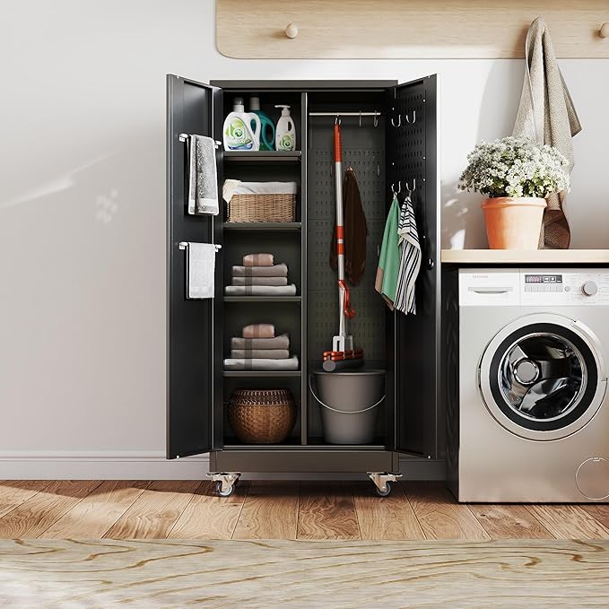 61.7" H Metal Garage Storage Cabinet with Wheels and Hanging Rod,Broom Closet Storage Cabinet with Pegboard and 4 Adjustable Shelves with 120LBS for Garage Home Office School,Required Assembly,Black