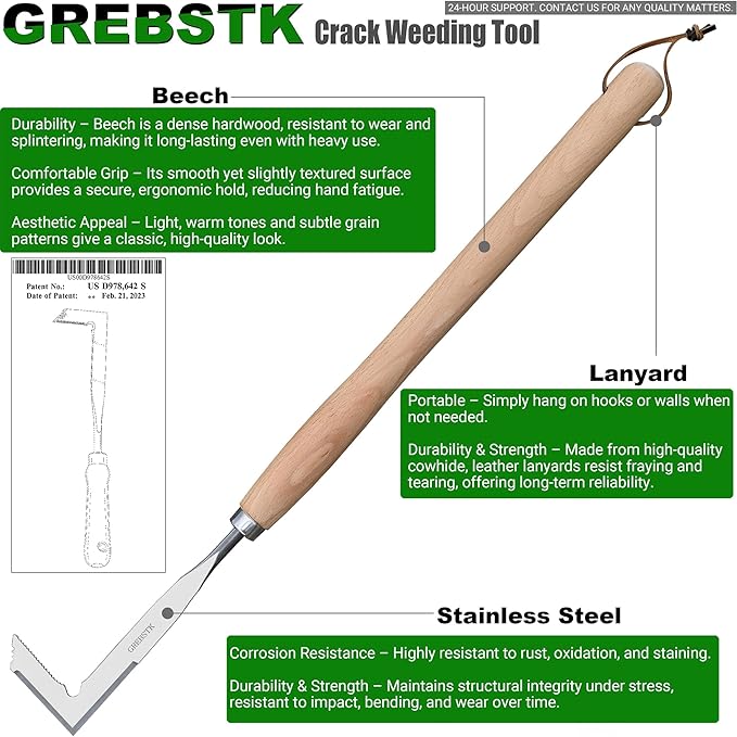 GREBSTK Crack Weeder Crevice Weeding Tool Stainless Steel Manual Weeder Beech Handle Gardening Tool, 22 inch