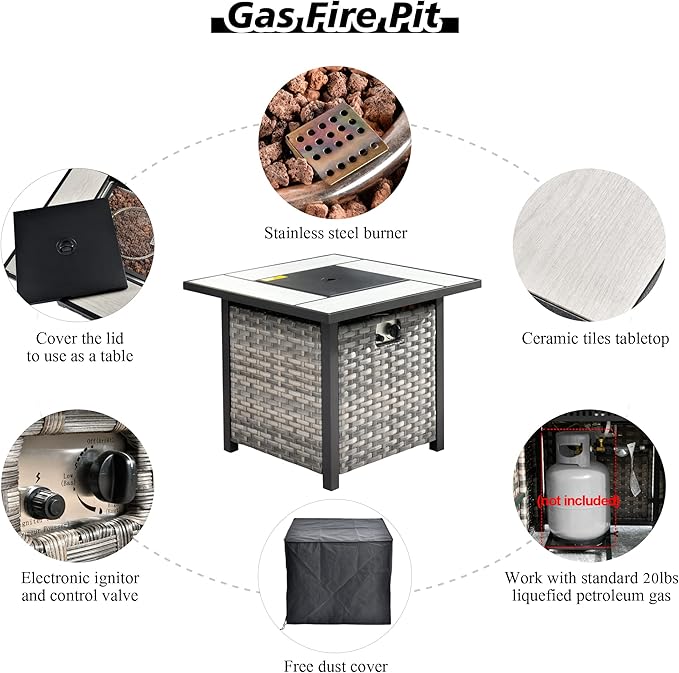 HOOOWOOO Modular Patio Outdoor Sectional Furniture Set with Gas Propane Fire Pit Table,7 Piece Wicker Conversation Sofa Set,Out Door Couch Set with Wide Arm Outside(Black)