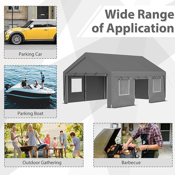 13x20 ft Carport Heavy Duty with Roll-up Sidewall and Ventilated Windows with Removable Sidewalls,Outdoor Portable Garage for Car,Truck,Boat,Car Canopy,Gray Carports