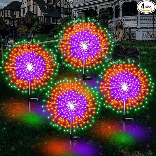 Halloween Decorations Outdoor 4 Pack Colored Solar Firework Lights with 180 LED Halloween Solar Lights 8 Modes Green Orange Purple Outside Lights for Yard Pathway Patio Garden Party Decorations