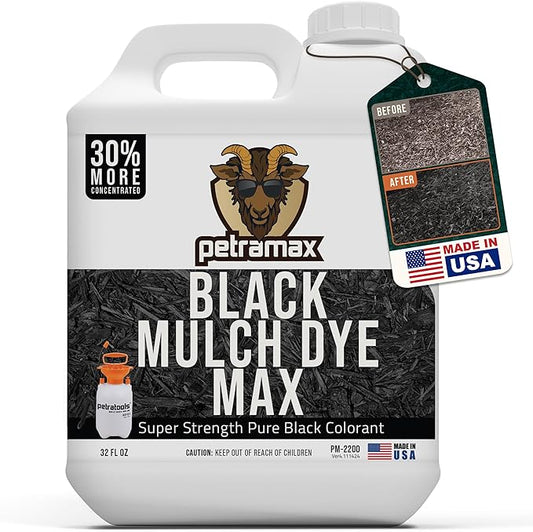 Petra Black Mulch Dye Spray Use with PetraTools Sprayer to Refresh Fading Landscape - Black Dye to Wood Mulch for Landscaping - Rubber, Pine Straw, Bark, Cedar & Playground Cover (3,600 Sq Ft, 32 Oz)