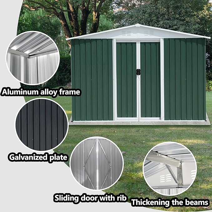 Ball & Cast 8x6 FT Outdoor Storage Shed, Garden Metal Sheds with Punched Vents and Sliding Door, Clearance Tool House with Aluminum Frames and Sloped Roof for Backyard Patio,Green