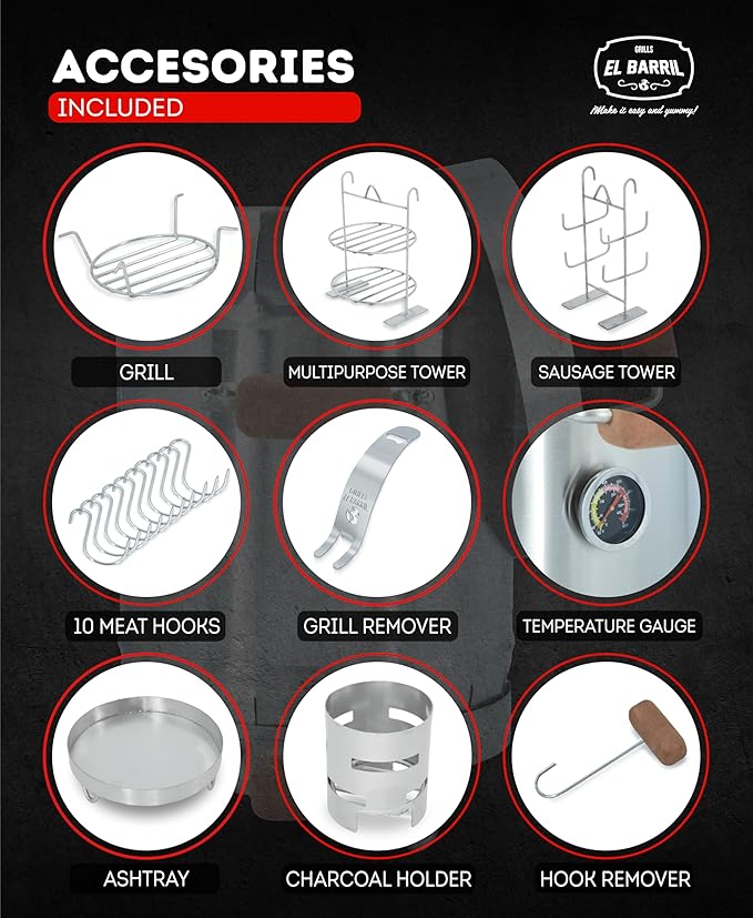 EL BARRIL 13lbs Grill & Smoker Barrel, Stainless Steel Charcoal Smoker Grill – Portable Outdoor Smokers with Grilling Accessories & Carry Bag