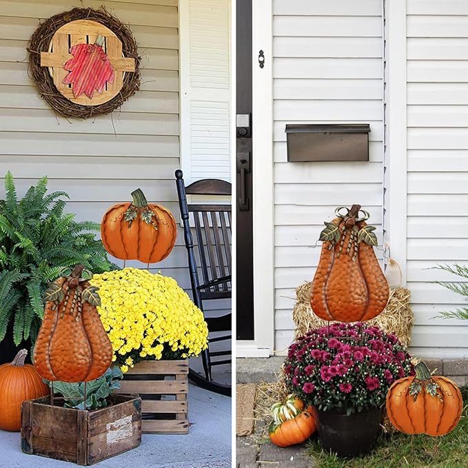Metal Pumpkin Garden Stakes - Autumn Decorative Yard Signs - Indoor Outdoor Plant Flower Stake Fall Lawn Ornaments Pumpkin Decoration for Harvest Halloween (17.5" x2-A)