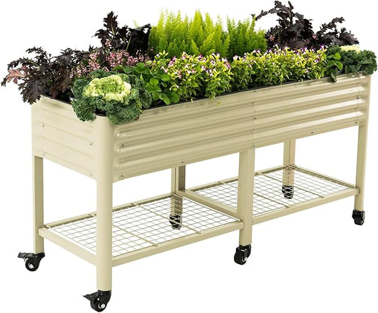 Rolling Elevated Raised Garden Bed-V Series, 2' x 6' Garden Beds with Legs & Storage Rack for Patio & Porch, 1000 Lbs Weight Capacity, Outdoor Planter Box for Vegetables Flower Herbs, Pearl White