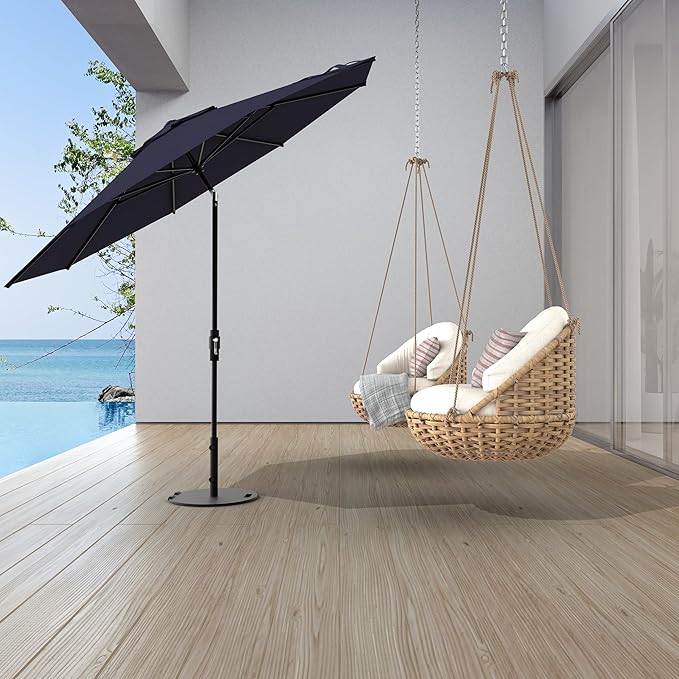 Midtown Umbrellas The Swilt 10 Feet Patio Umbrella in Terylast Navy (Navy Blue) Polyester Fabric - Fiberglass Ribs, Auto-Tilt Aluminum Frame For Backyard, Deck, Garden, Pool - White Pole