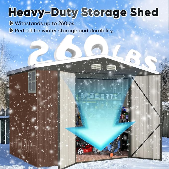 Quictent Heavy Duty 8X6 FT Outdoor Metal Storage Shed, Lockable Tool Shelter Waterproof Shed for Garden, Backyard, Lawn and Patio Scene with Combination Lock, Brown(8.2X5.8 FT Base, No Floor)