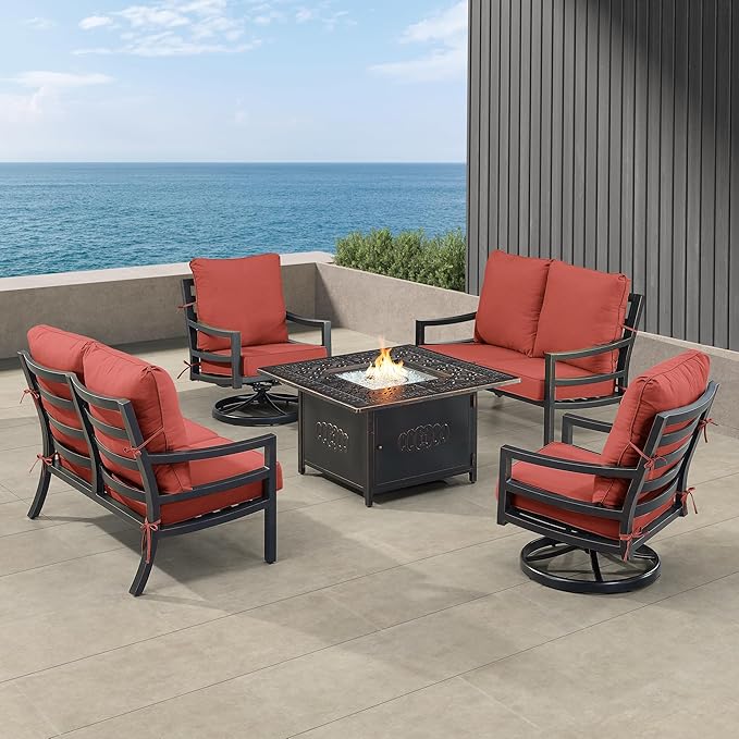 Oakland Living Black Aluminum Patio Fire Table Set with Two Deep Seating Loveseat with Cushions and Two Club Chairs with Red Cushions
