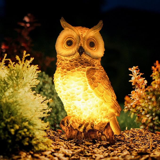 Solar Owl Garden Statues Outdoor Decor Resin Owl Figurine with LED Lights Owl Sculpture for Porch Patio Lawn Yard Decorations Halloween Christmas Housewarming Gifts for Women Mom,Brown Owl