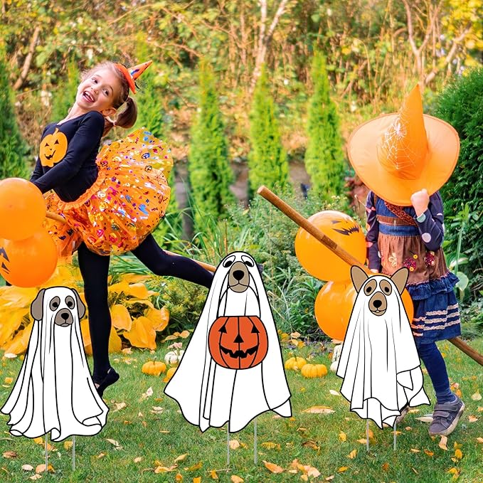 Nuanchu 7 Pcs Halloween Yard Outdoor Decorations Ghost Dog Yard Signs Corrugated Plastic Ghost Dog Pumpkin Lawn Sign with Stakes Waterproof Halloween Garden Stakes for Outside Scary Spooky Decor
