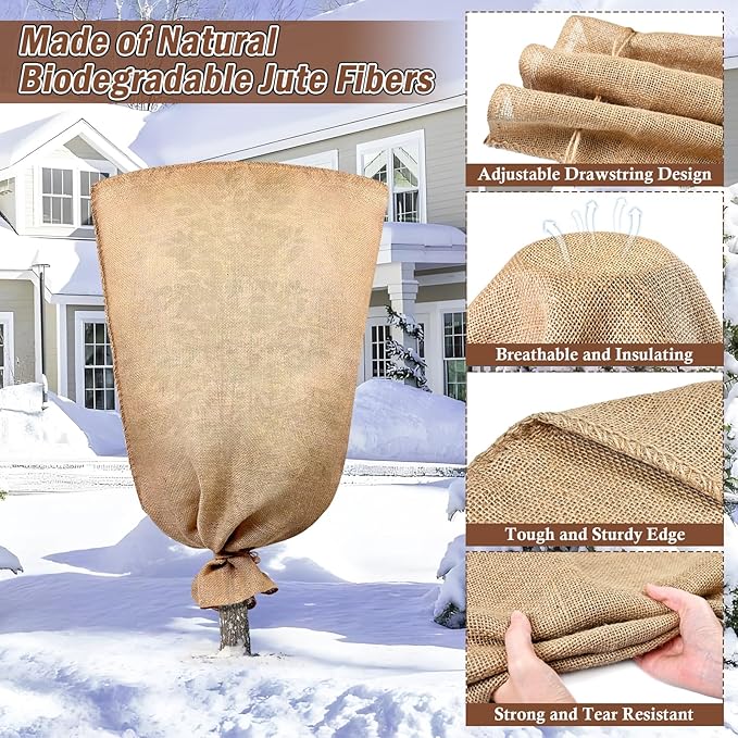 Legigo 3 Pack 40 X 48 Inch Burlap Plant Covers Freeze Protection Bags, Large Winter Plant Frost Covers with Drawstring, Reusable Tree Covers Burlap Frost Cloths Protection for Outdoor Plants Shrubs