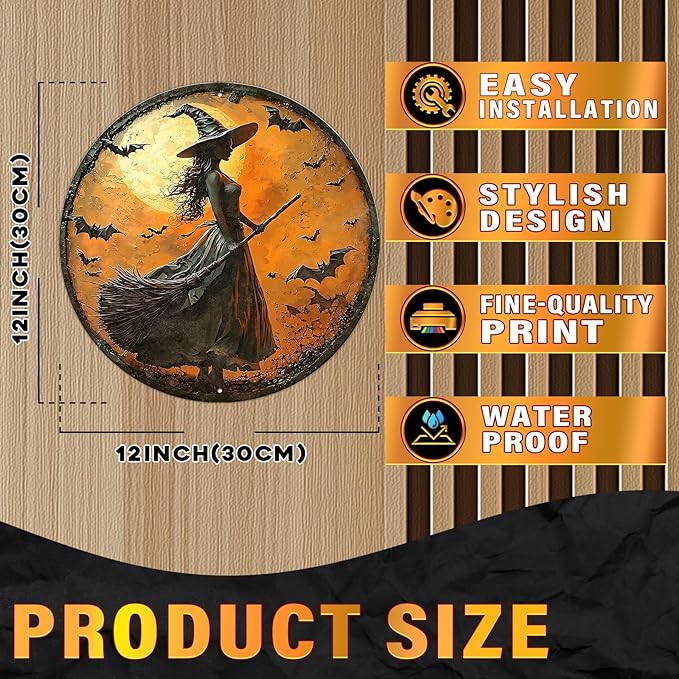 PEACHGARDEN Round 2D Halloween Witch Vintage Sign Halloween Witch Broom Metal Tin Sign for Home Bar Kitchen Hotel Dining Room Coffee 12x12inch