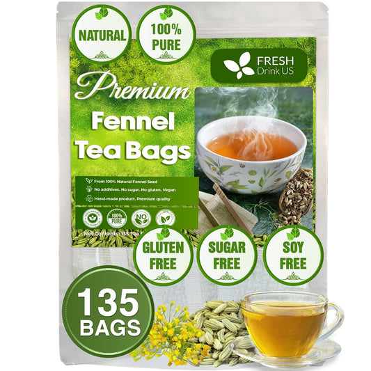 FreshDrinkUS, Premium 135 Fennel Tea Bags, 100% Natural & Pure from Fennel Seeds. Fennel Seed Herbal Tea. Fennel Seed Tea. Made with Natural Material Tea Bags. No Sugar, No Caffeine, No Gluten, Vegan.