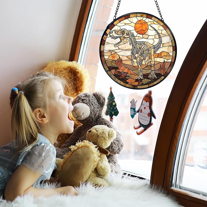 TNUW Dinosaur Skeleton Stained Glass Window Hanging, Prehistoric Dino Fossil Sunset Landscape SunCatchers Indoor Window Glass Round Wall Art Decor, Dinosaur Wall Hanging Decorations, 7.9＂x7.9＂