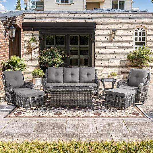 Wicker Rattan Patio Furniture Set - 7 Pieces Outdoor Couch with Swivel Chairs, Ottomans and Coffee Table for Deck, Poolside, Backyard - Grey
