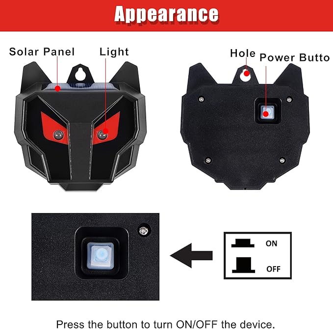 Solar Animal Repellent, Set of 4 Predator Eyes Animal Deterrent Sentinels with Red LED Blinking Lights Drive Away Raccoon, Deer, Skunk, Cat, Coyote from Yard Farm and Chicken Coops