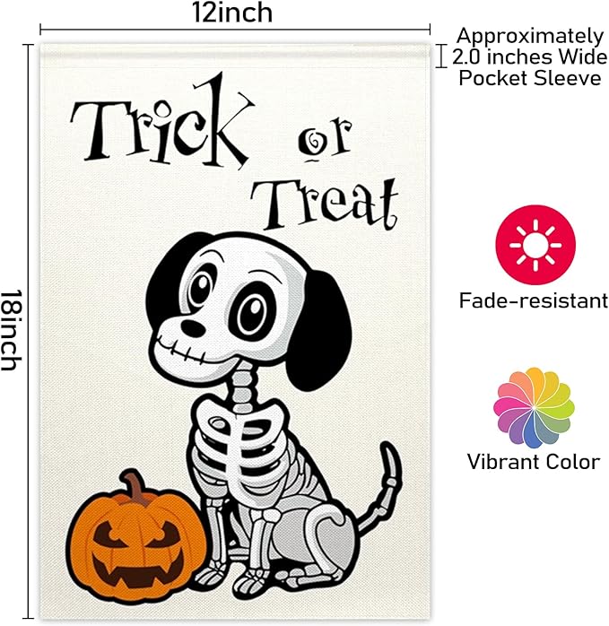 ChloropLastid Halloween Trick or Treat Garden Flag Ghost Dog 12x18 Inch Double Sided Skeleton Pumpkin Welcome Burlap Yard Flag Outside Decorations