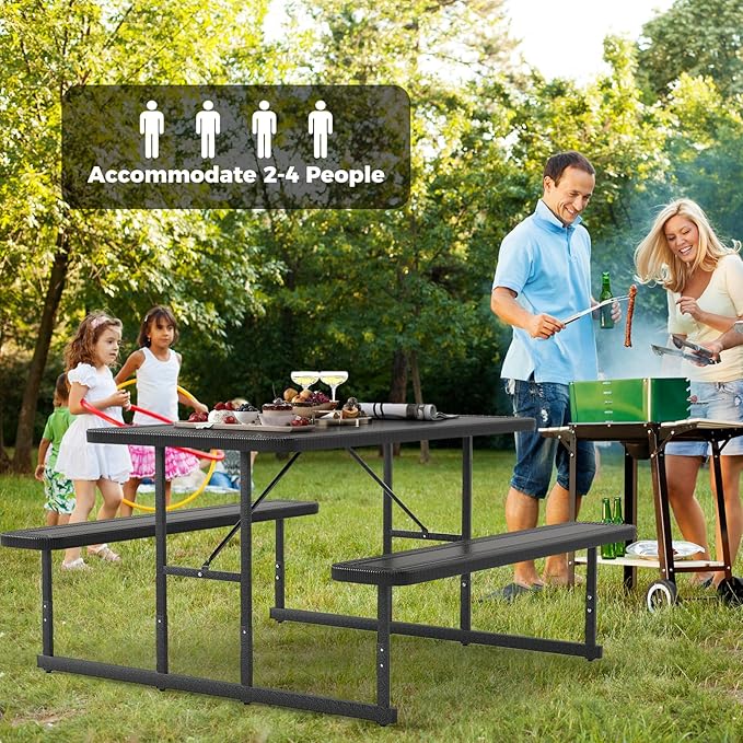Giantex Picnic Table Bench Set for 4 People, 4.5FT Outdoor Rectangular Dining Table & 2 Benches w/Umbrella Hole, HDPE Tabletop, Metal Frame, Patio Garden Backyard Poolside (4.5FT,Non-Foldable,Black)
