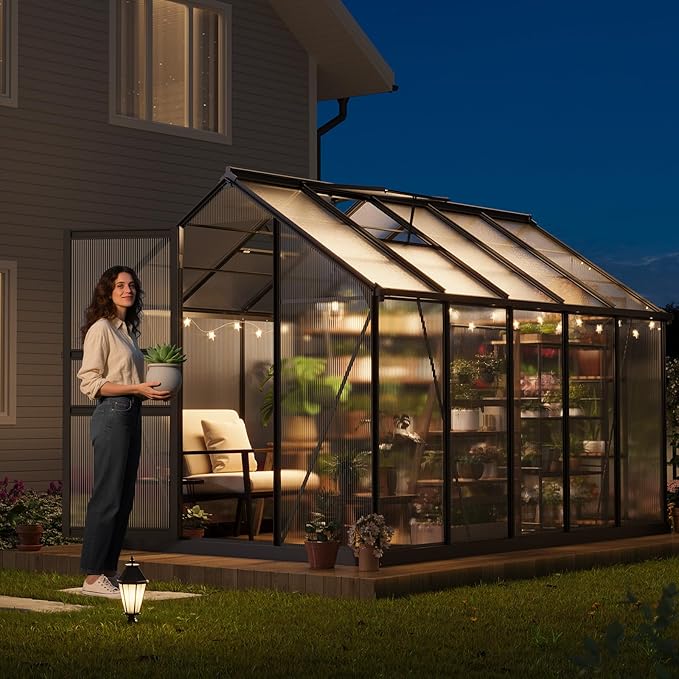 6x10FT Polycarbonate Greenhouse - Walk-in Outdoor Aluminum Frame Greenhouse with Roof Vent, Lockable Push Door for Garden, Backyard, Patio & Lawn(Black)