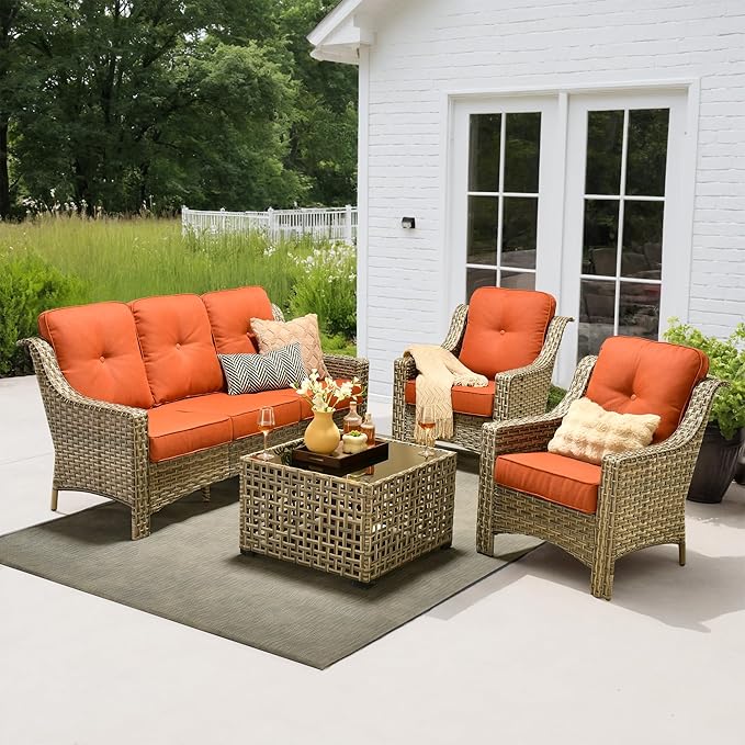 4 Pieces Patio Outdoor Furniture Set,All Weather Wicker Rattan Patio Seating Sofa and Chair Set w/ 3-Seater Sofa and Glowing Coffee Table,Outdoor Conversation Sets for Deck Yard Garden,Red