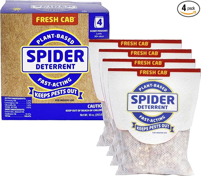 Fresh Cab Spiders Deterrent - Indoor Botanical Pest Deterrent - Safe for Kids & Pets When Used as Directed - Made with Rosemary Essential Oil - 4-Pack