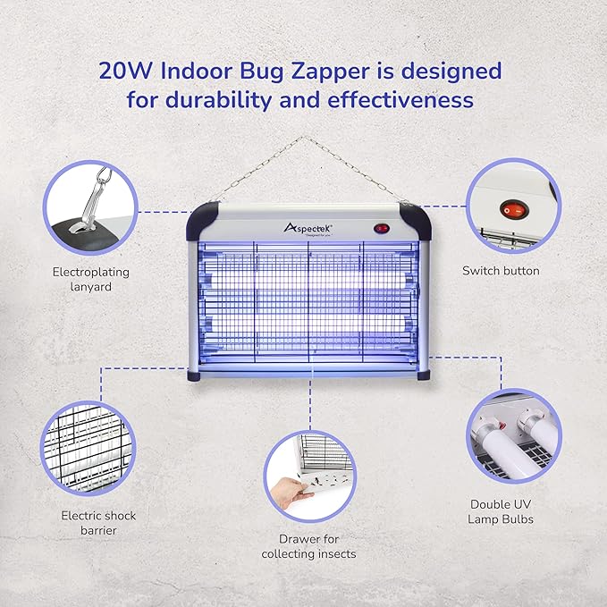 ASPECTEK Powerful 20W Indoor Bug Zapper - Electric Fly Trap, Mosquito Killer with UV Lamp, Includes 2 Replacement Bulbs for Effective Insect Control