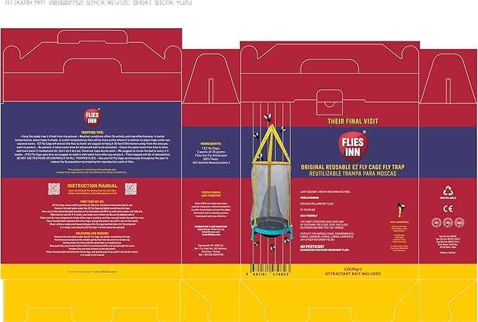 EZ Fly Cage Ranch Fly Trap with 2 Flies Inn Fly Attractant Bait Refill, Low Odor, Reusable, Built to Last for Years (1 Trap+12 Bait, 1)