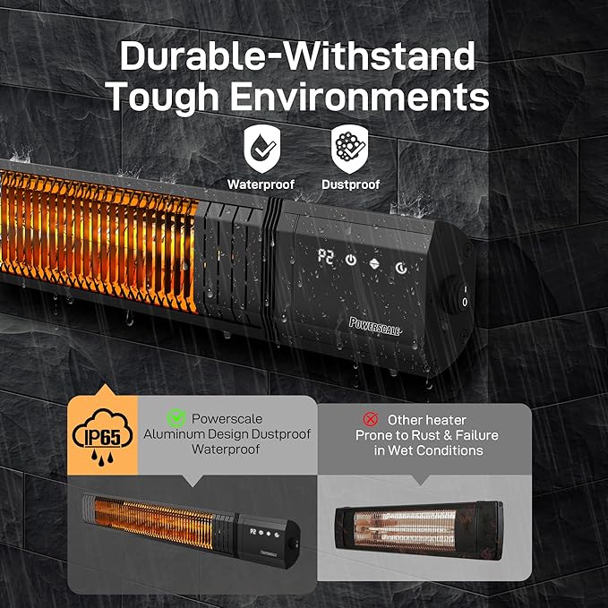 Infrared Heater 1500W with Remote, 2.5s Instant Heat & Memory Function, Electric Patio Heater 4 Heat Levels, IP65 Waterproof - Indoor/Outdoor Space Heater for Garage, Backyard, Black