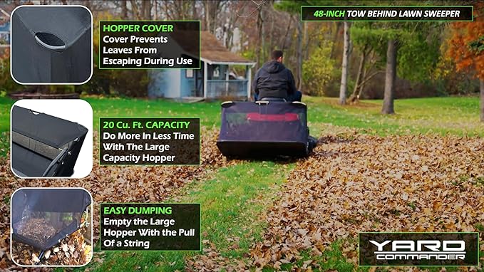 48-Inch Tow-Behind Lawn Sweeper, 10" Nylon Brushes, Universal Tractor/ATV Hitch, Never-Flat Wheels, Adjustable Height, 1-Year Warranty, Ideal for Leaves, Grass & Debris