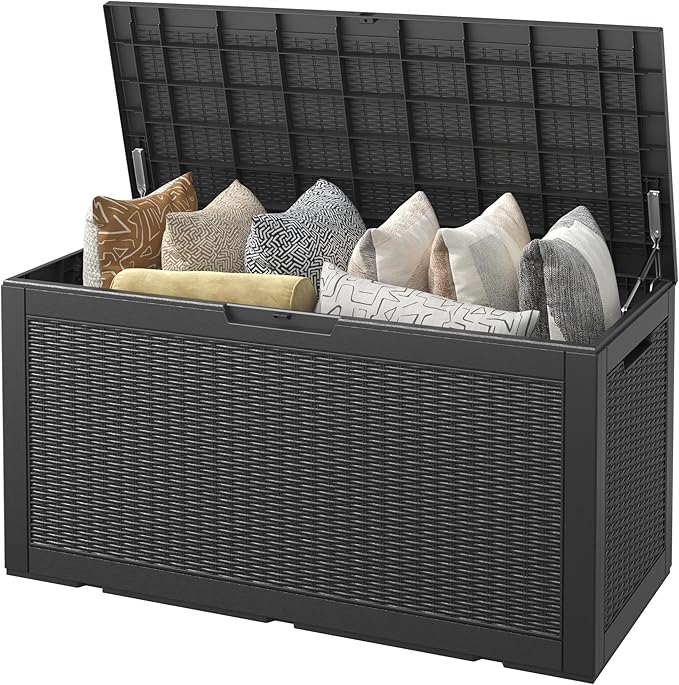 100 Gallon Resin Outdoor Storage Box,Waterproof Deck Box Lockable for Patio Furniture Cushions, Garden Tools, Heavy-Duty Double-Wall Structure with Gas Lift and Reinforced Seat Lid, Black