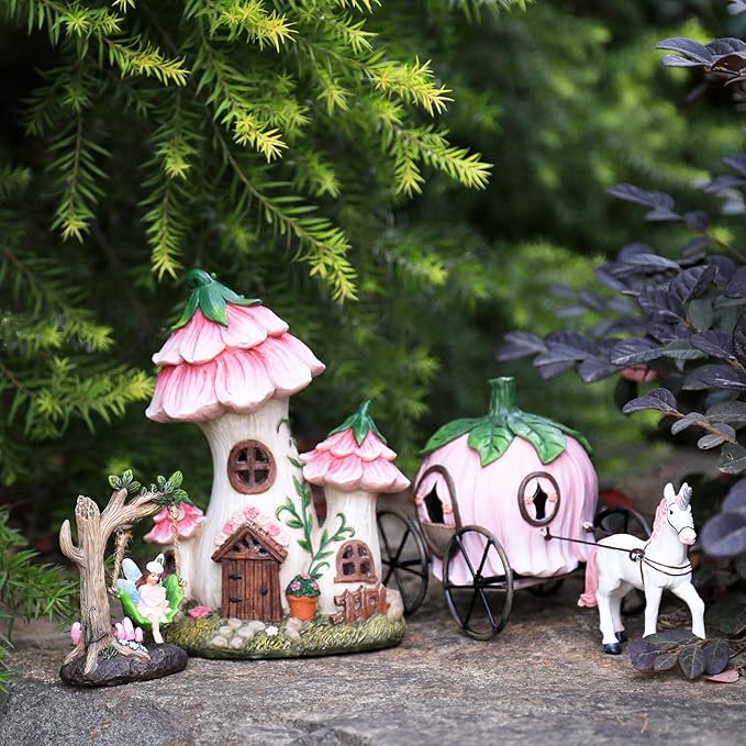 LA Jolie Muse Resin Fairy Garden - Miniature Floral Roof Cottage with Solar LED Lights, Fairy House Figurine Set of 3 with Carriage, Outdoor Decor for Patio Yard Lawn, Gifts for Mom