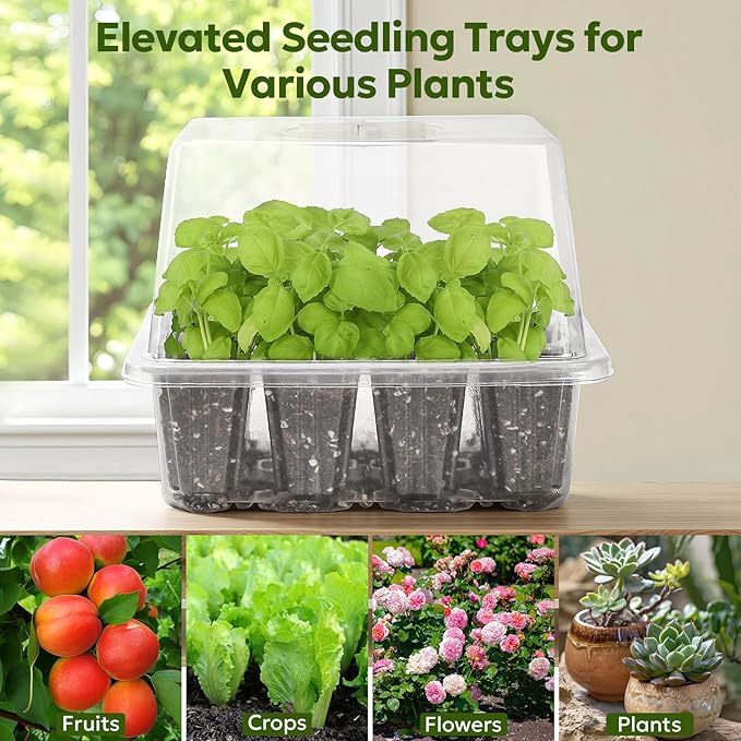 MIXC Seed Starter Kit with Grow Light, Elevated Seedling Tray Kit with Adjustable Humidity Dome and Clear Cell Tray, 12 Full Spectrum Led Beads for Seed Starting Greenhouse, 4 Pack, Transparent