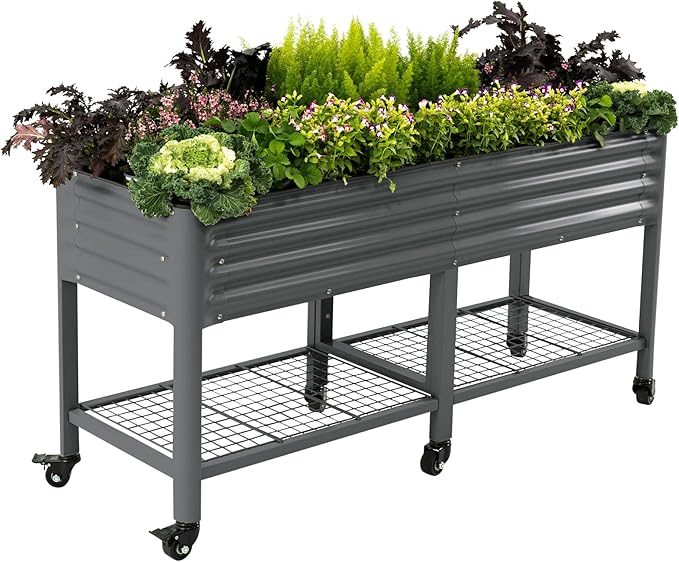 Rolling Elevated Raised Garden Bed-V Series, 2' x 6' Garden Beds with Legs & Storage Rack for Patio & Porch, 1000 Lbs Weight Capacity, Outdoor Planter Box for Vegetables Flower Herbs, Modern Gray