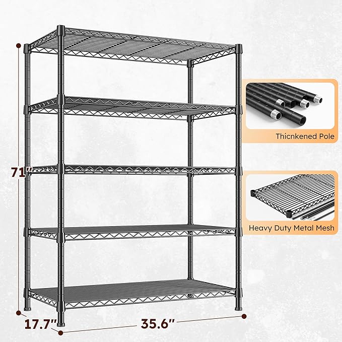 REIBII Storage Shelves 71" H Tall Wire Shelving Unit Sturdy Metal Shelves Adjustable Wide Pantry Shelves 5 Tier Deep Heavy Duty Metal Shelving Load 1500LBS Storage Rack 2 Pack