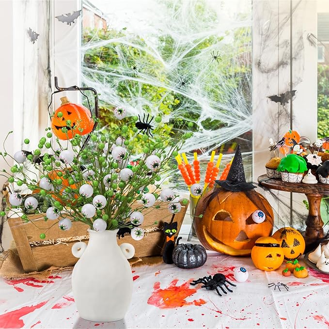 8 Pack Halloween Eyeball Picks Artificial Berry Stems Hlalloween Flowers with Fluorescent Eyeball Branches for Vase Filler, Table Centerpieces & Party Decor
