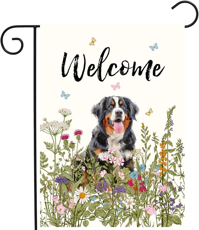 Spring Summer Garden Flag Floral Bernese Mountain Yard Flag Flower Dog Garden Flags for Outside Small Outdoor Welcome Flags 12x18 Double Sided
