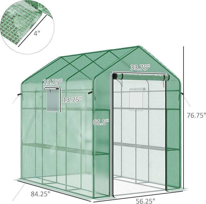 Outsunny 7' x 5' x 6' Walk-in Greenhouse for Outdoors with Mesh Door and Windows, 18 Shelf Hot House with Trellis, Plant Labels, UV Protective for Growing Flowers, Herbs, Vegetables, Saplings, Green