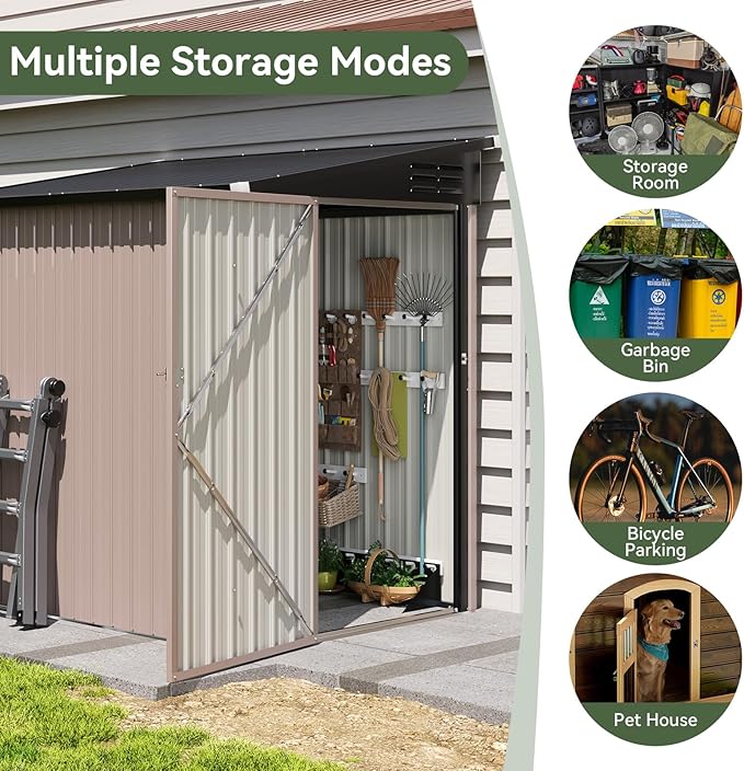 Aoxun 6' x 4' Lean to Shed Outdoor Steel Garden Utility Cabinet with Lockable Door Waterproof & Rust-Proof for Yard, Patio, Backyard (Brown, Base Included)