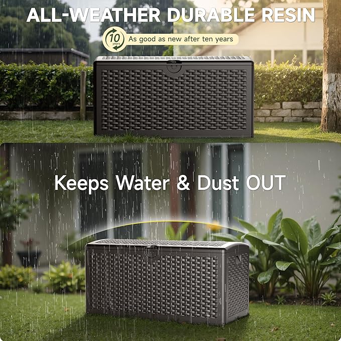 80 Gallon Deck Box, Double Layer Waterproof Resin Outdoor Indoor Storage Box, Lockable & UV Resistant Storage Bin for Patio Furniture, Garden Tools, Pool Accessories (Brown)