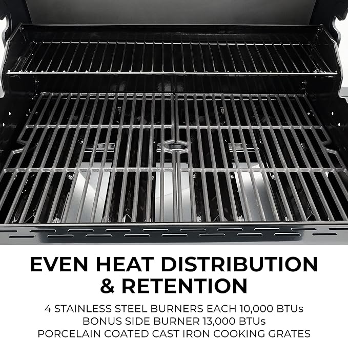 Kenmore 4-Burner Gas Grill with Side Burner, Outdoor BBQ Grill, Propane Gas Grill, Cast Iron Cooking Grates, Electronic Ignition, Warming Rack, Open Cart Design, 53000 BTUs, Black