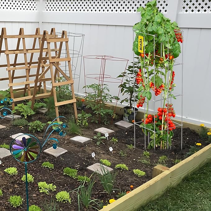 VEVOR Tomato Cages, 11.8" x 11.8" x 46.1", 10 Packs Square Plant Support Cages, Silver PVC-Coated Steel Tomato Towers for Climbing Vegetables, Plants, Flowers, Fruits
