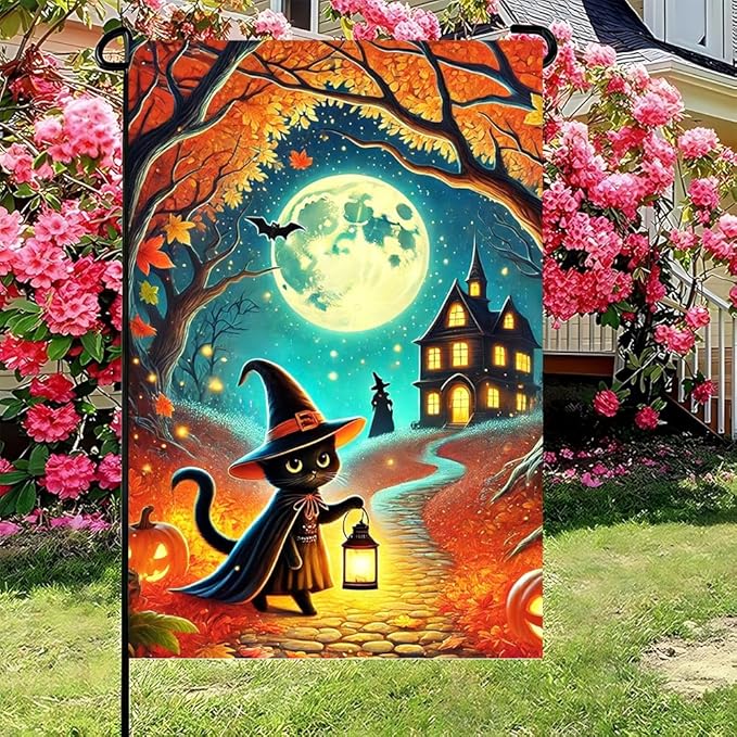 Halloween Garden Flag 11.81 x 17.72 Inch Black Cat in Witch Hat with Lantern Full Moon Haunted House Pumpkins and Autumn Leaves Outdoor Yard Decoration