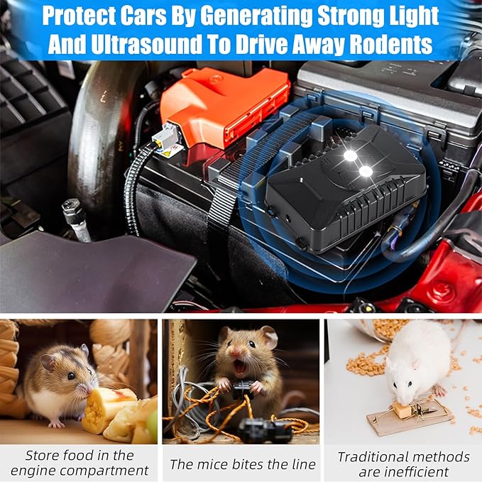 4 Pack Rodent Repellent for Car Engines, Plug-in Rodent Repeller Ultrasonic Indoor, Battery Operated Car Mouse Repellent Under Hood, Keep Mice Rat Squirrel Out of Car, Attic, Garage, Barn
