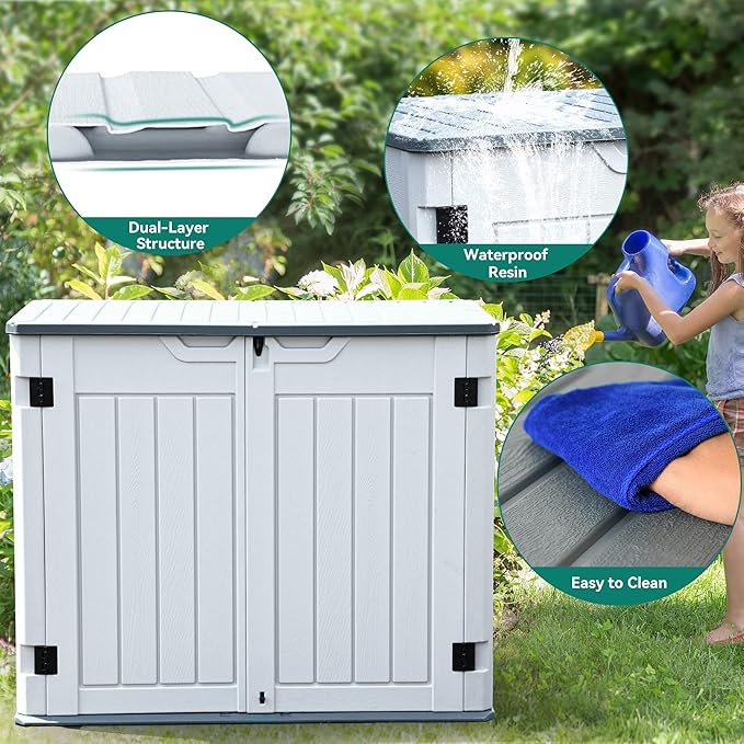 YITAHOME Outdoor Horizontal Storage Sheds w/o Shelf, 35 Cu Ft Lockable Resin Waterproof Shed, Ideal for Garden Tools, Easy to Assemble, Light Gray