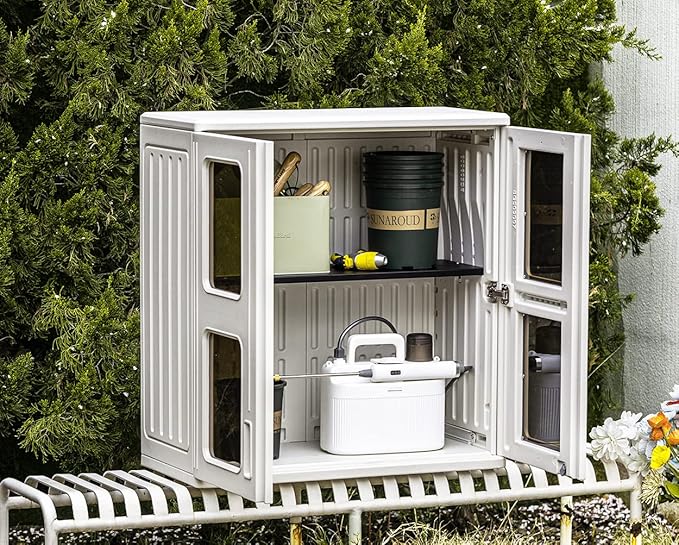 KINYING Outdoor Storage Cabinet Waterproof,Resin Garage and Laundry Room Wall Mounted Cabinets,Outdoor Storage Box with Doors and Shelves,White