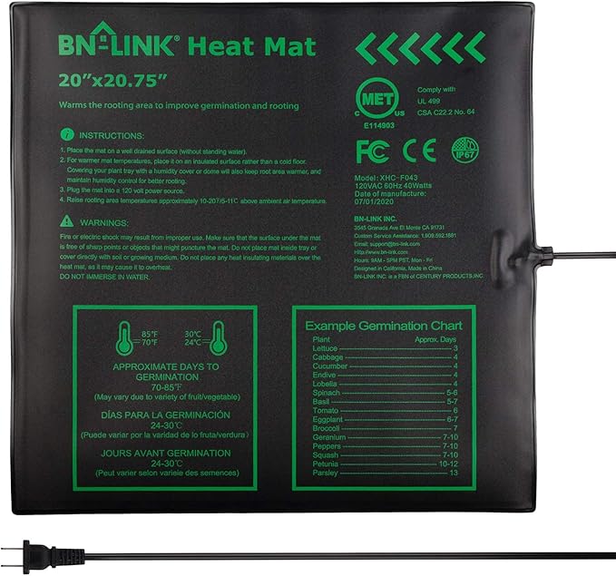 BN-LINK Seedling Heat Mat Warm Hydroponic Heating Pad Waterproof 20" x 20.75" for Seed Starting Greenhouse and Germination