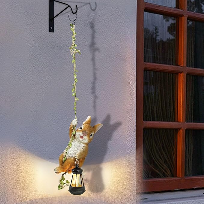 Joliyoou Solar Light Outdoor Statues, 6.9" H Resin Rabbit Climbing On A 23.6" L Vine with LED Lantern, Waterproof Hanging Bunny Figurine with Hook for Easter Yard Garden Wall Balcony Tree Decoration