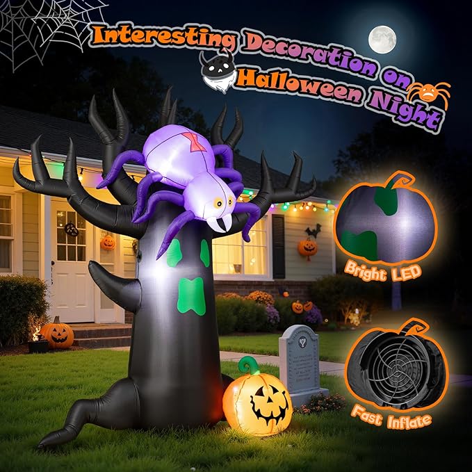 7FT Halloween Inflatable Tree with Giant Purple Spider and Pumpkin, Spooky Blow Up Yard Decoration with LED Lights for Outdoor Lawn, Garden, Party, Holiday Event Decor