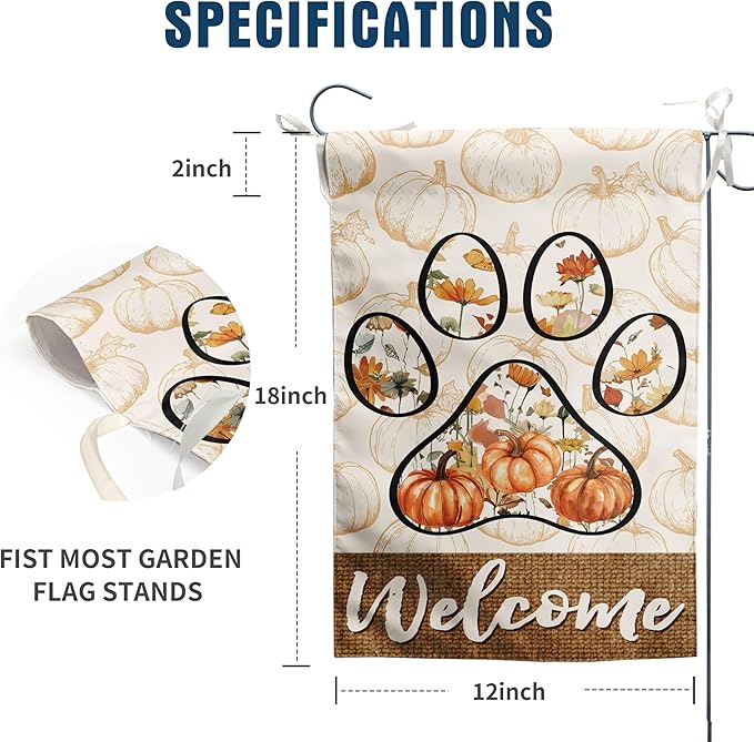 Welcome Fall Pumpkin Garden Flag Paw Print of Dog Autumn Wild Flower Yard Banner Outside Halloween Thanksgiving Outdoor Decor 12x18 Double Sided Small